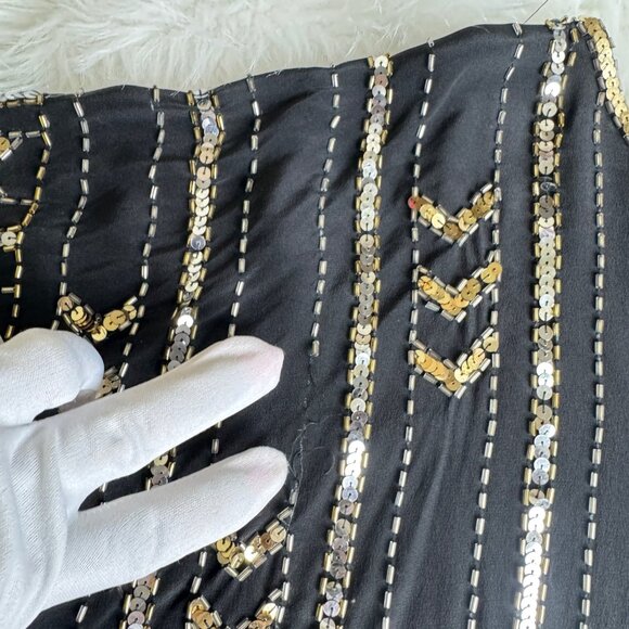 Vintage 80's Three Flaggs 100% Silk Beaded Sequins Blouse Top Sz Large Black - Picture 8 of 13